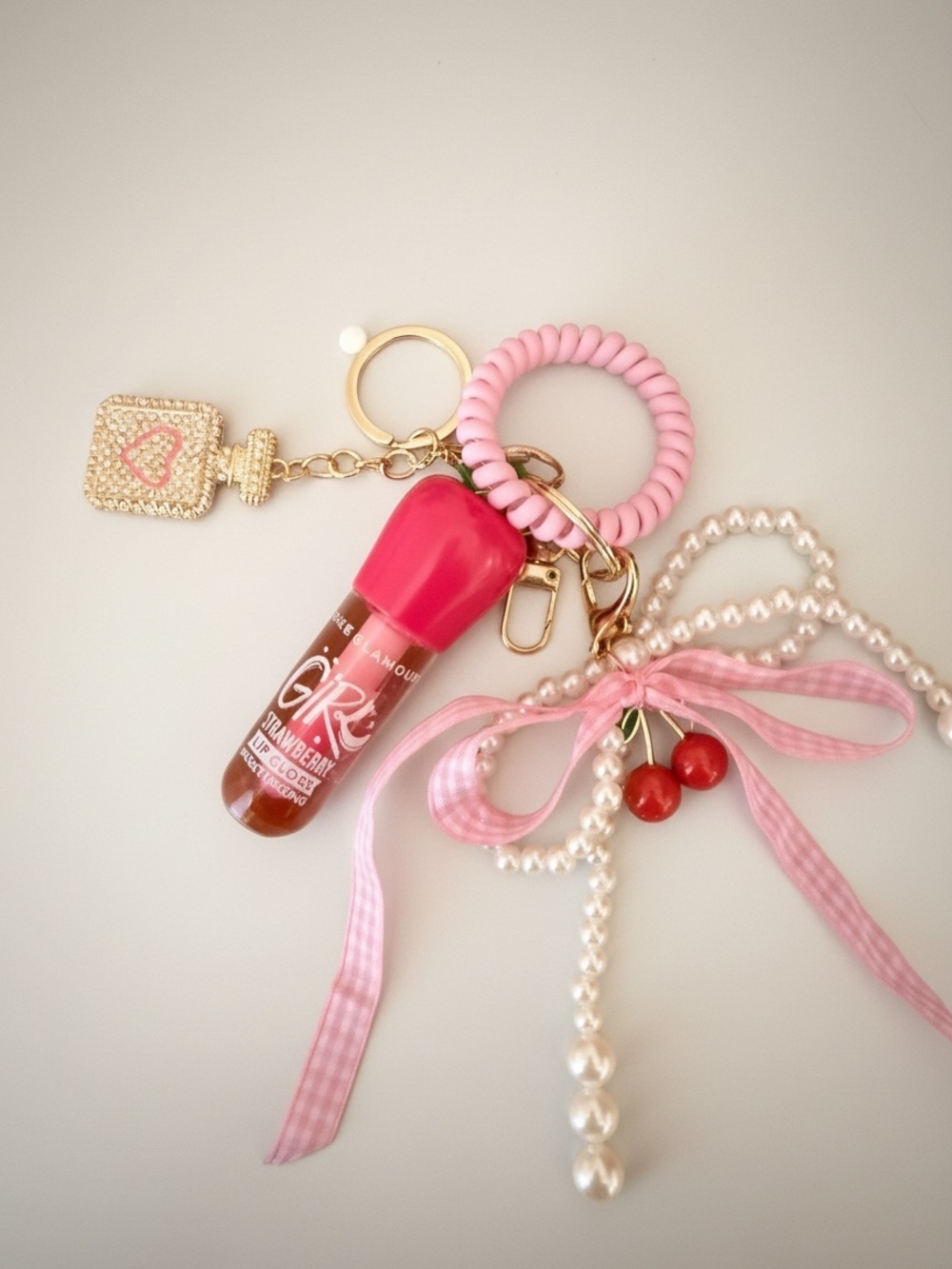 Pink Cherry Lip Gloss Charm Key & Card Holder